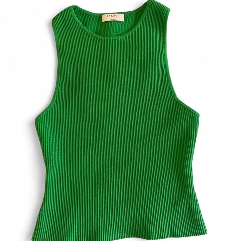 Babaton Sculpt Knit High Neck Green Ribbed Tank Top L 98875